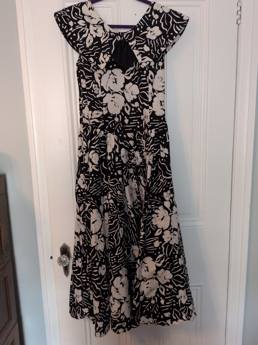 Vintage Black & White Floral Fit-and-Flare Dress